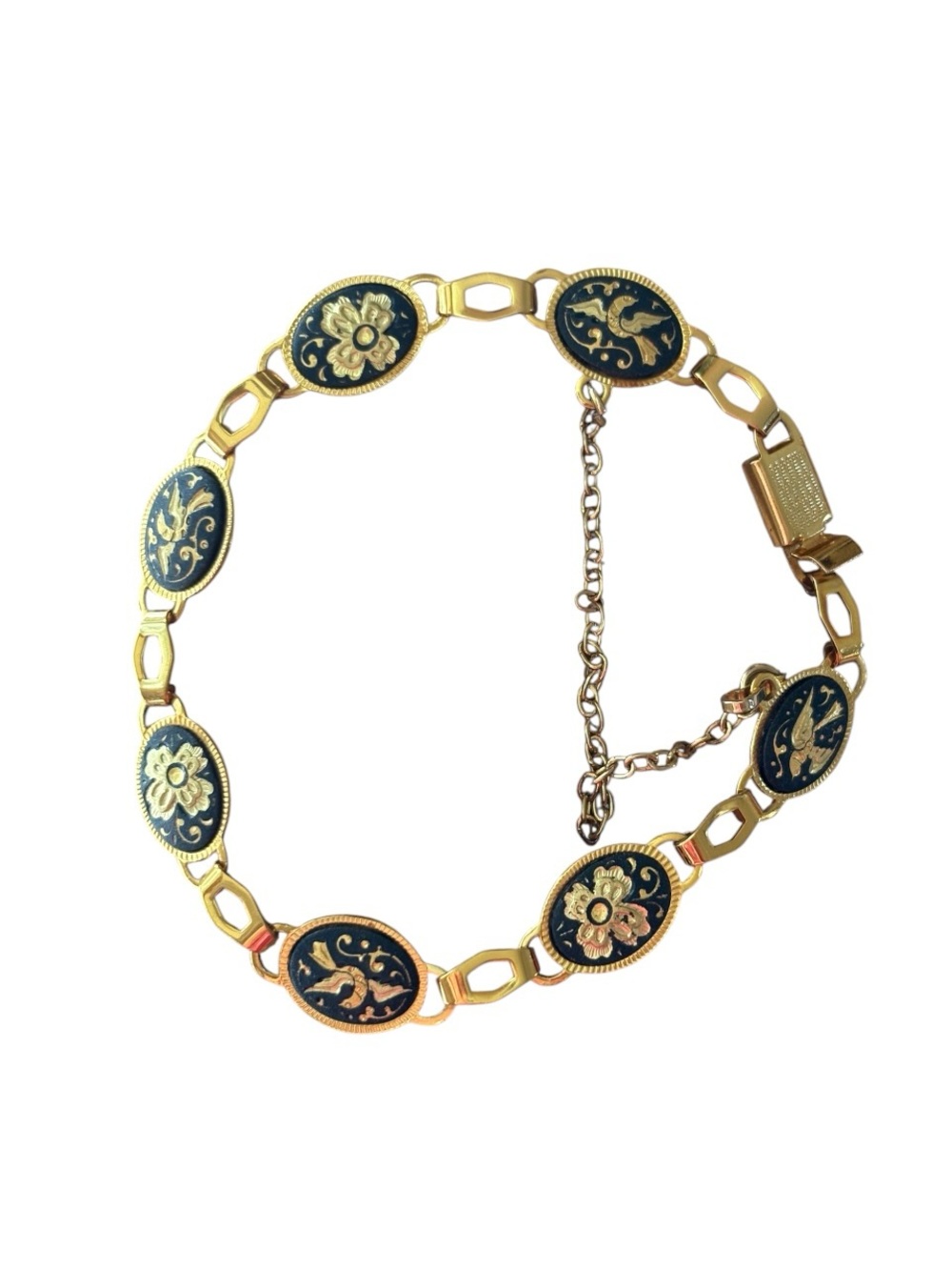 Vintage Gold-Tone Black Enamel Oval Floral and Bird Link Bracelet